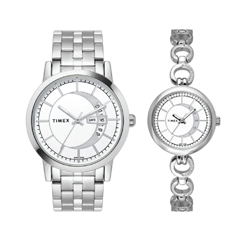 Timex Sliver White Round Dial Analog Pair Watch TW00ZRPR04