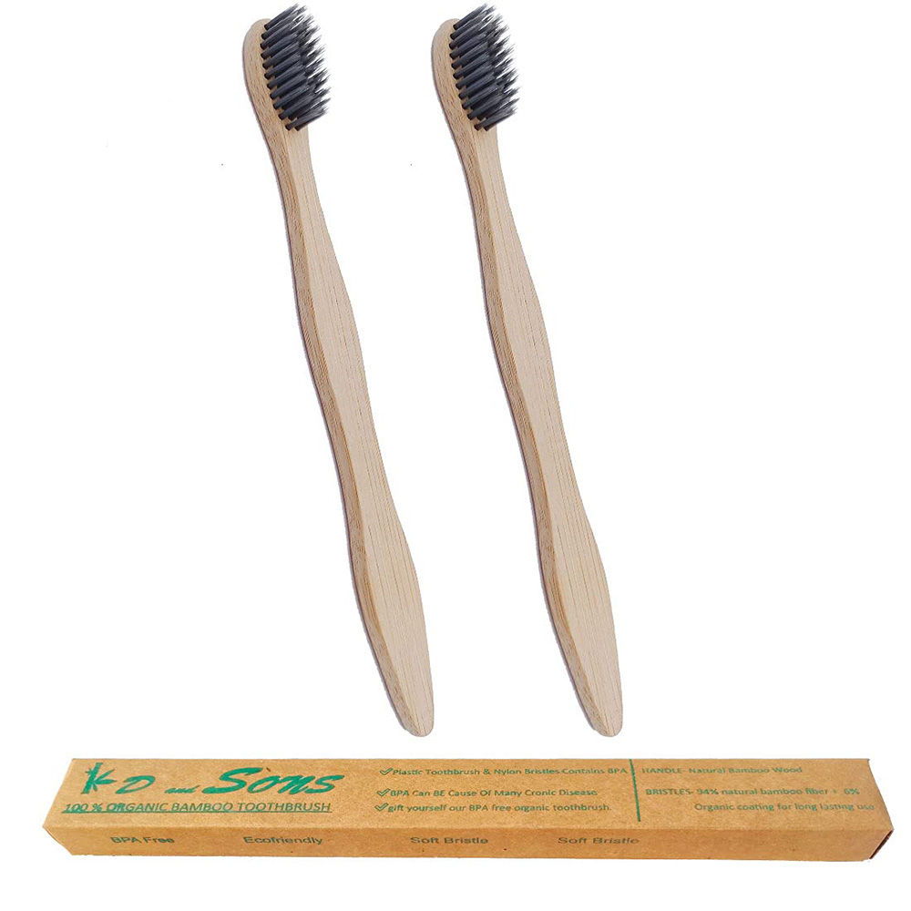 EcoBristle Organic Bamboo Charcoal Toothbrush Soft Bristles Biodegradable Anti Bacterial Eco Friendly Natural Set of 2 Pcs